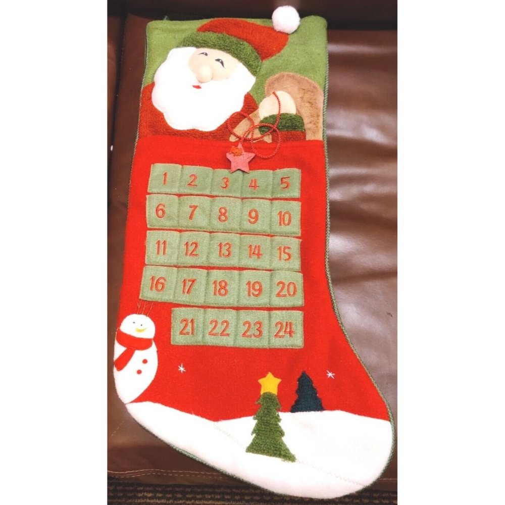 Crystal Snow Santa Claus Stocking Advent Calendar Count Down to Christmas 22x11"
